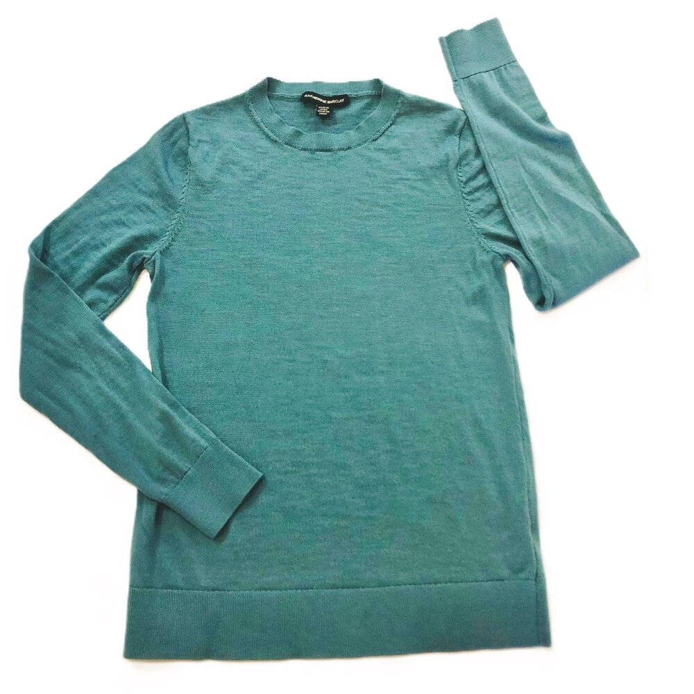 Katherine Barclay 100% Merino Extra Fine Wool Crew Neck Sweater Teal Blue Size S